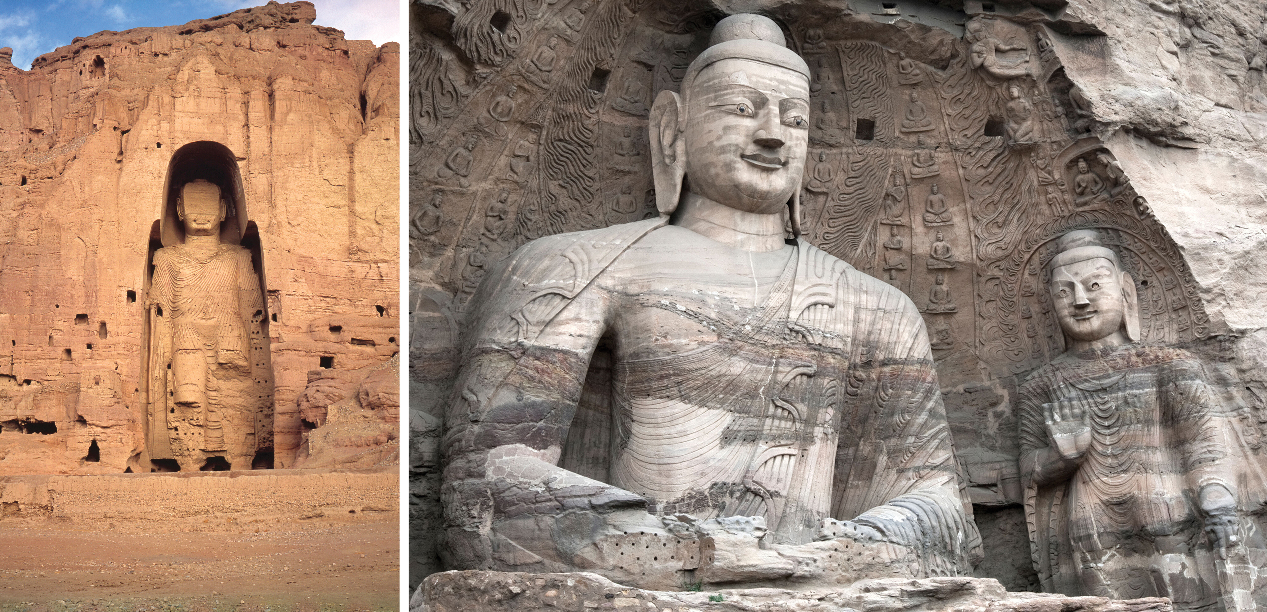 Two large rock-carved Buddha statues at Bamiyan and Yungang along the Silk Road.
