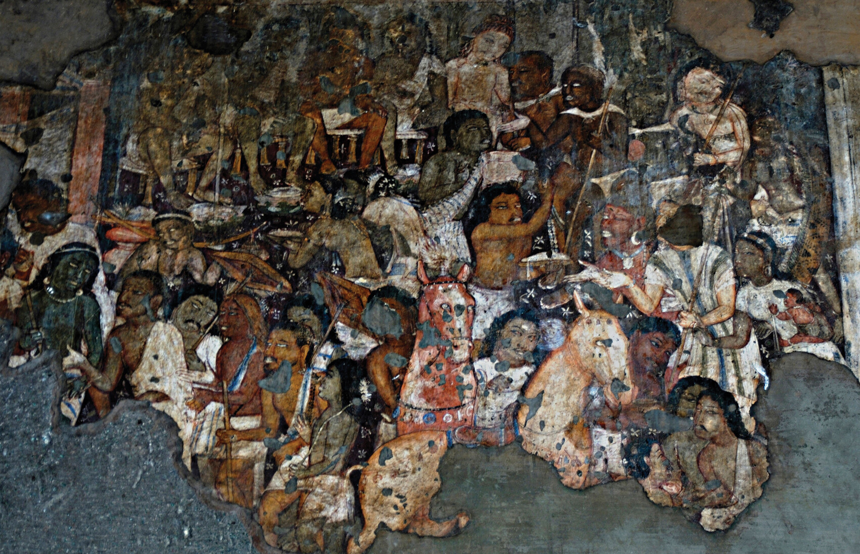 Gupta-era fresco showing many people of different social groups gathered in a palace scene.